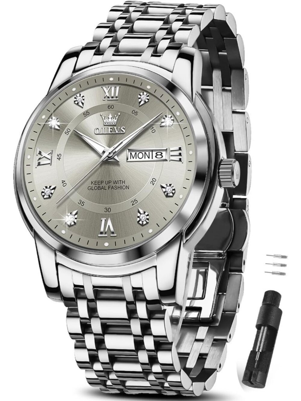 Men's Silver Grey Stainless Steel Luminous Quartz Waterproof Round Classic Watch